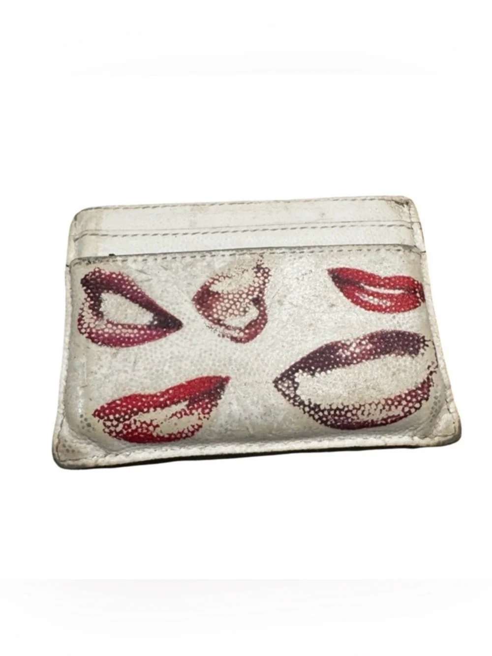 Saint Laurent Grain De Poudre Lips Print Monogram Card Holder White Red - Picture 2 of 5